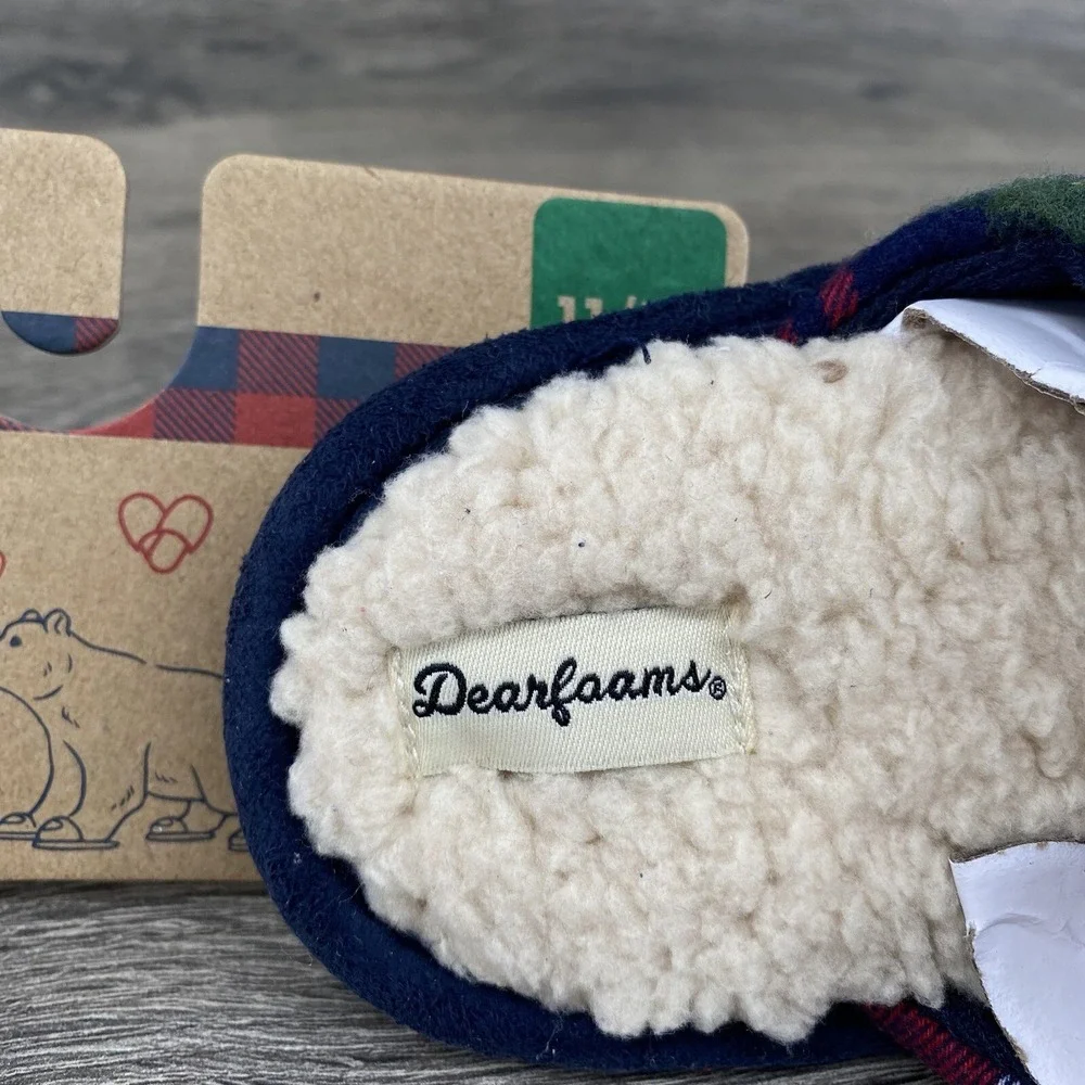 Lil Bear Dearfoam Slippers Youth Size 11- 12‎ Plaid Red Blue